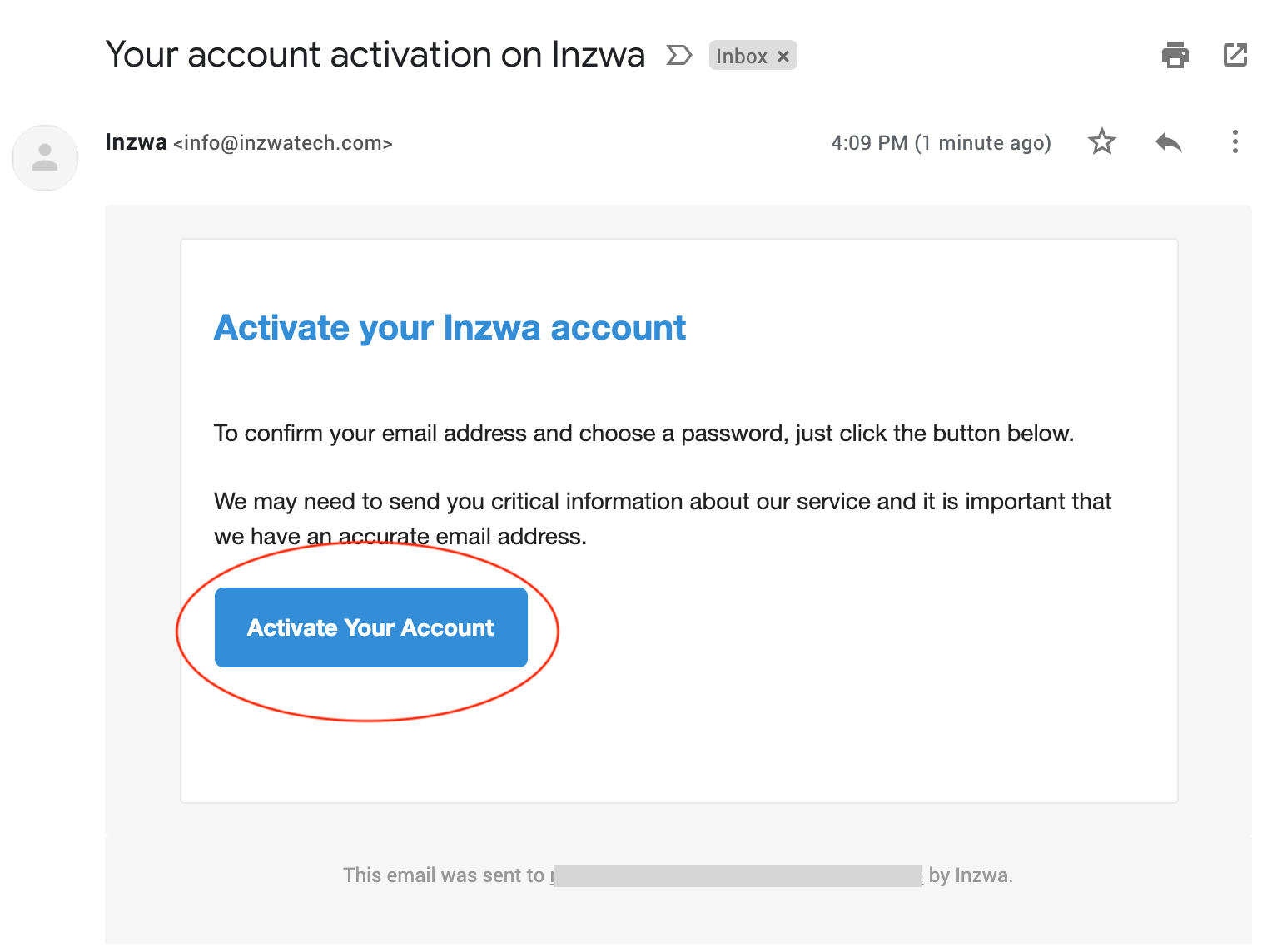 Inzwa Cloud Account Activation Email